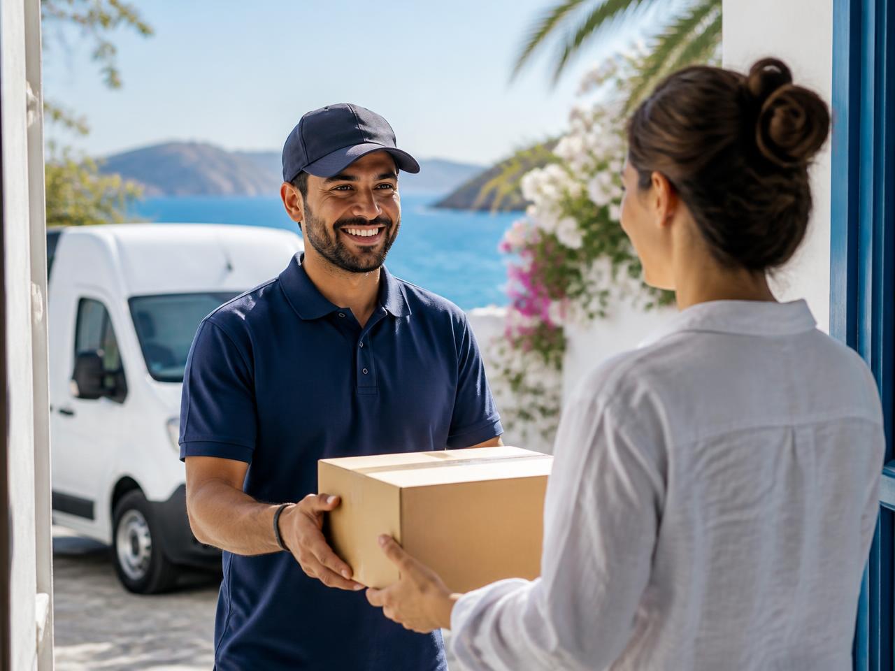 Courier handing a parcel to a customer at an island doorway