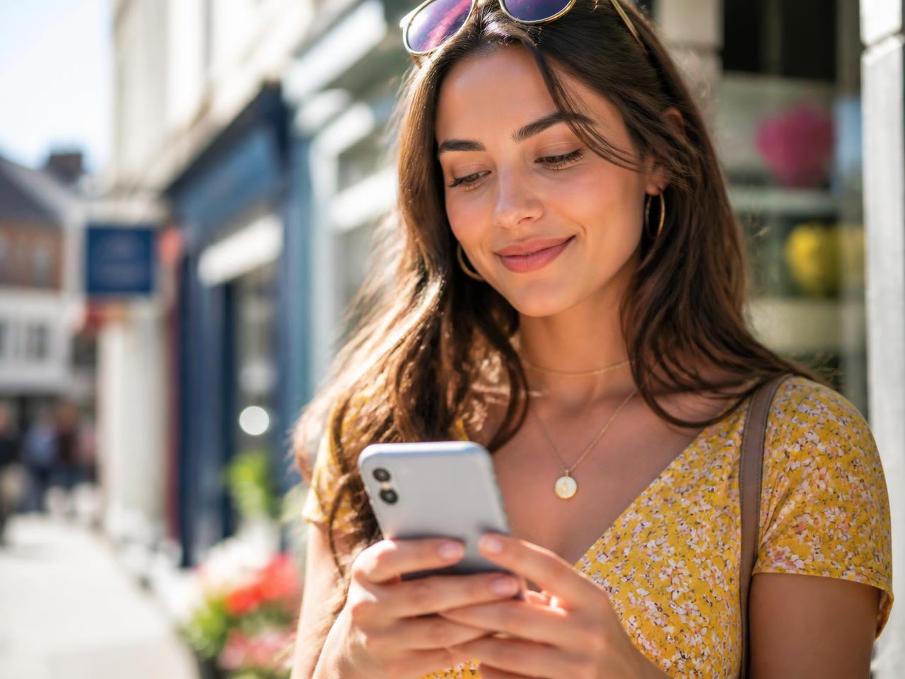 Shopper searching on her phone on a sunny high street
