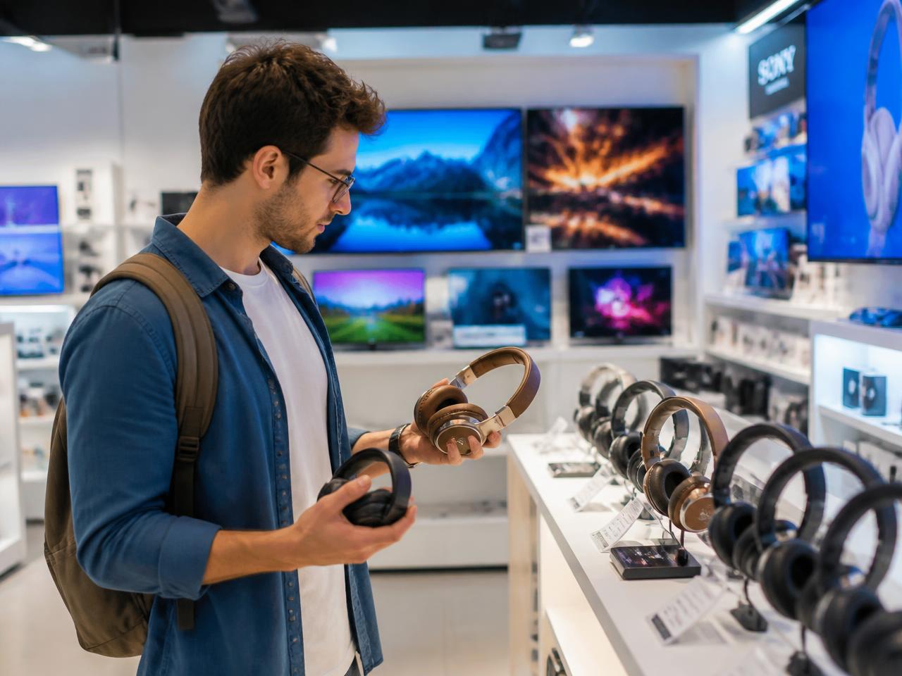 Customer comparing headphones in a modern electronics shop
