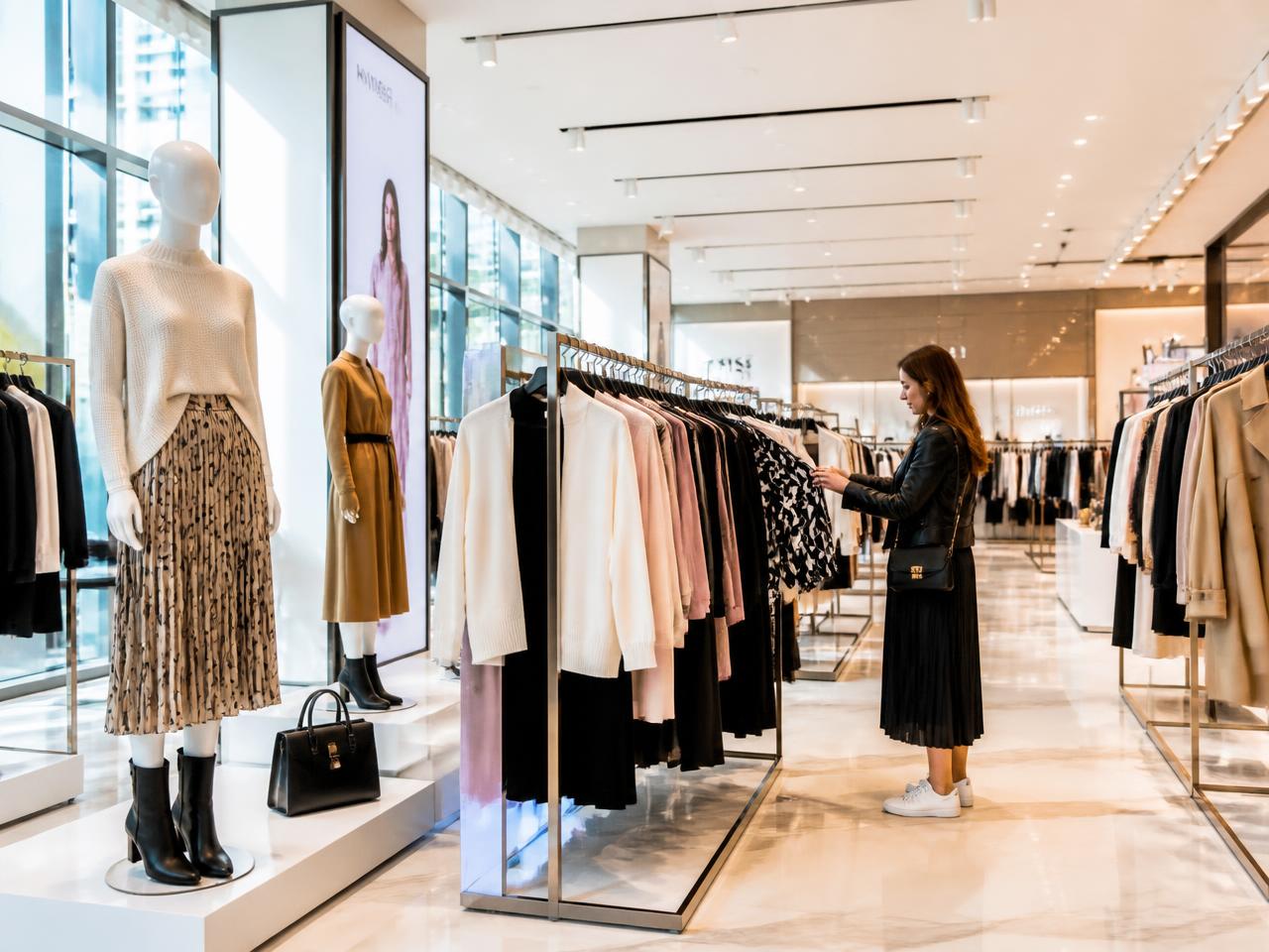 Bright department store fashion floor with rails of clothing