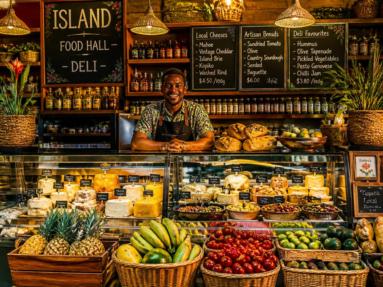 Deli counter with fresh produce, cheese and bread