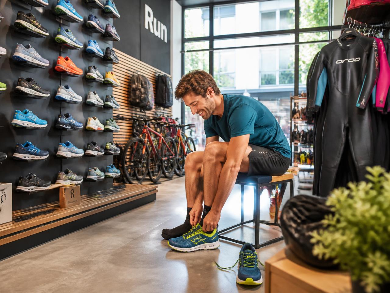 Customer trying on running shoes in a sports and outdoor shop